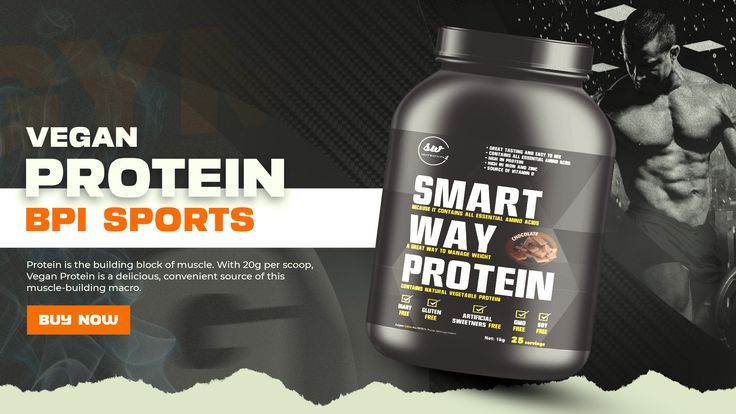 A 16:9 performance ad featuring a tub of vegan protein powder alongside a muscular athlete to establish authority and nutritional transparency.